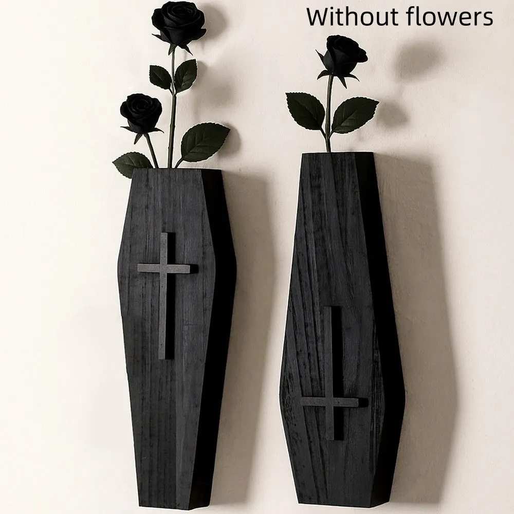 Black wooden cross wall vase shelf with open top for stems, 27cm tall, wall-mounted pendant design