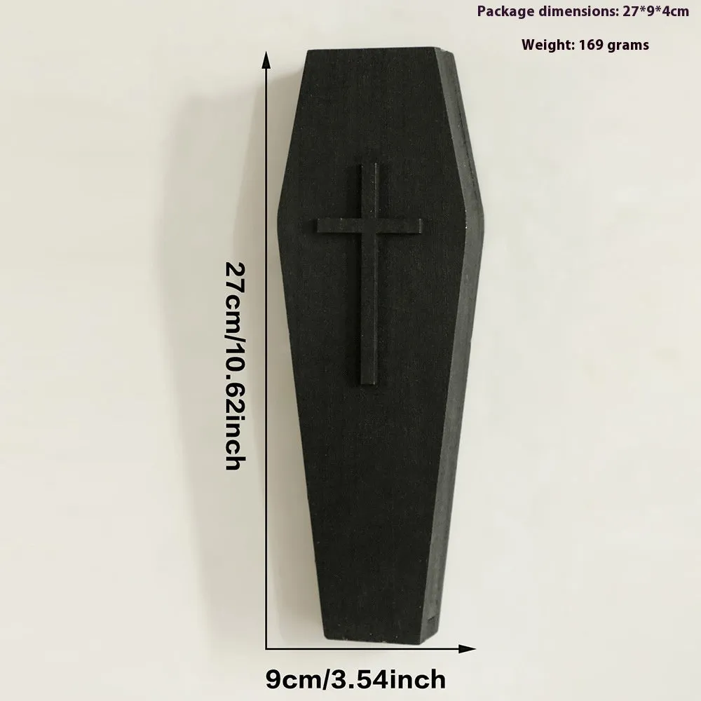 Black wooden cross wall vase shelf with open top for stems, 27cm tall, wall-mounted pendant design