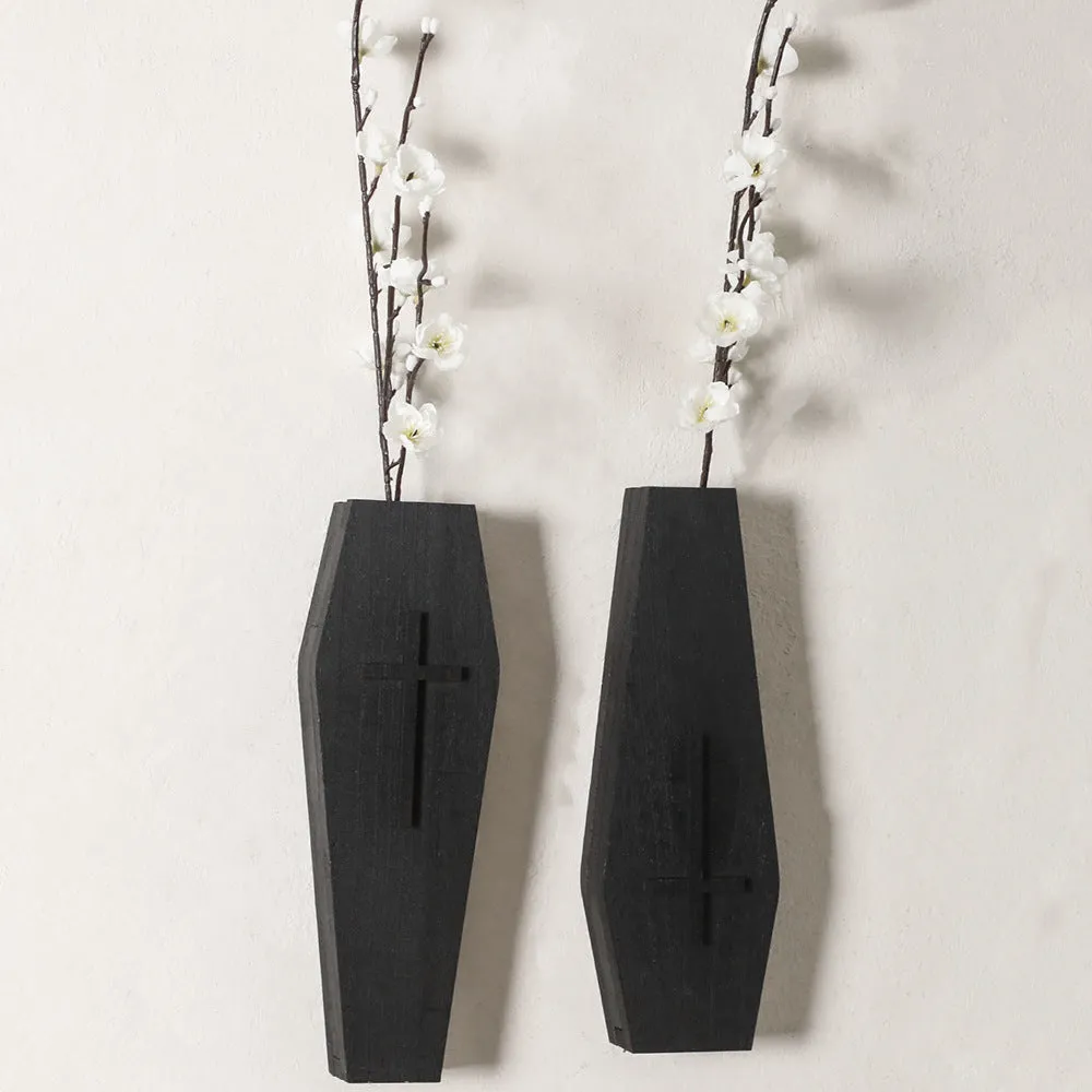 Black wooden cross wall vase shelf with open top for stems, 27cm tall, wall-mounted pendant design