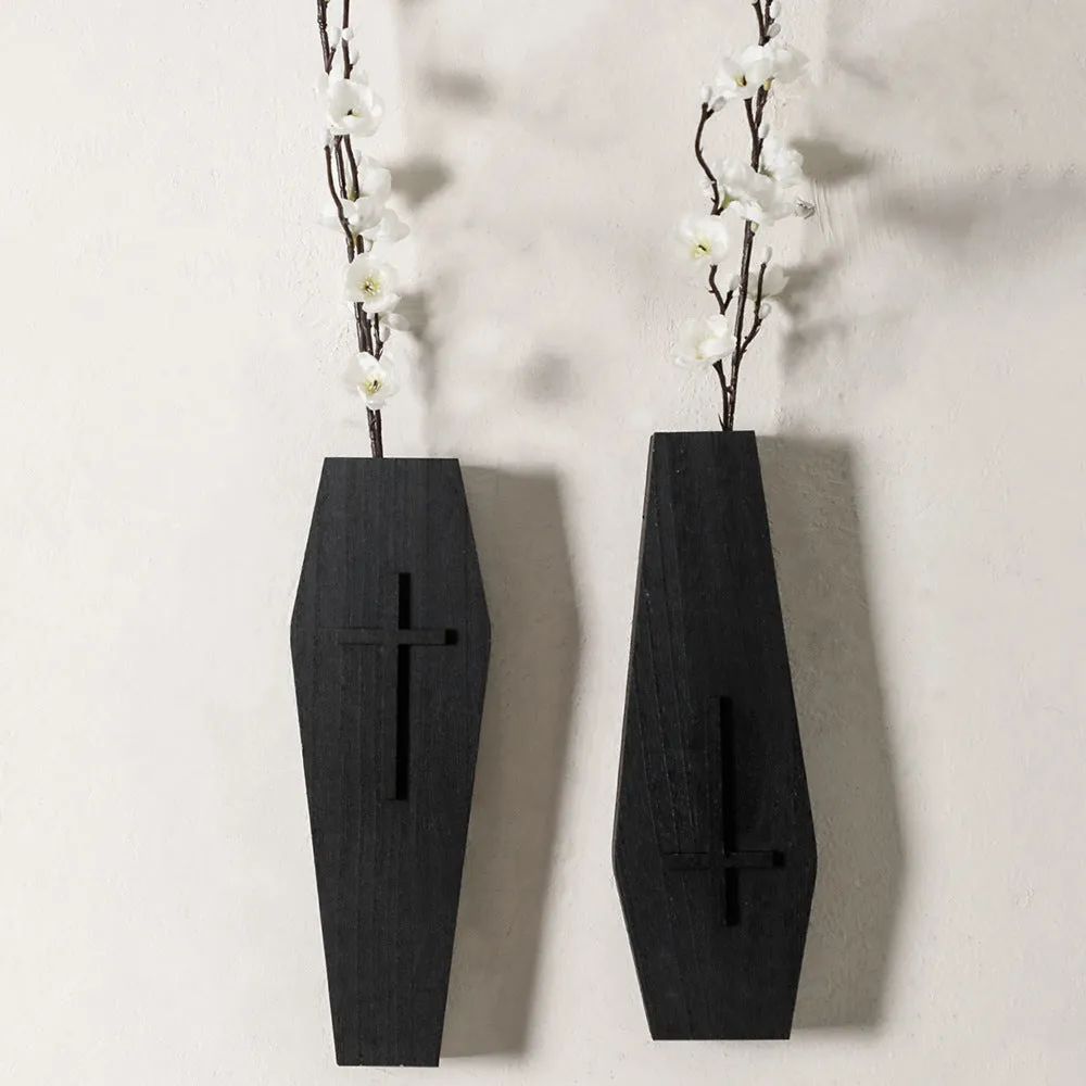 Black wooden cross wall vase shelf with open top for stems, 27cm tall, wall-mounted pendant design