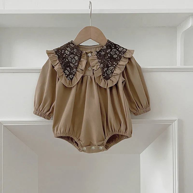 Toddler in long sleeve cotton romper dress with floral collar in brown, suitable height 90cm