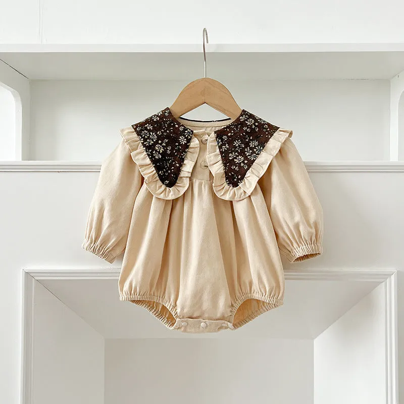 Toddler in long sleeve cotton romper dress with floral collar in brown, suitable height 90cm