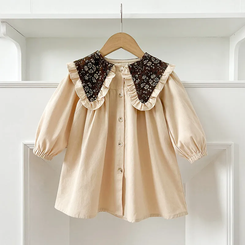Toddler in long sleeve cotton romper dress with floral collar in brown, suitable height 90cm