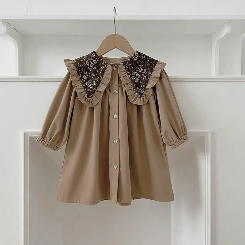 Toddler in long sleeve cotton romper dress with floral collar in brown, suitable height 90cm