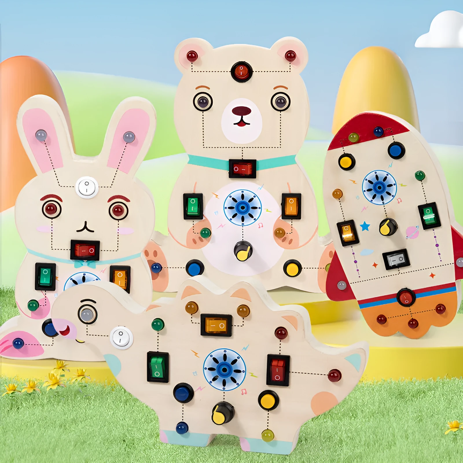 Wooden animal simulation circuit board educational toy for children 4-6 years, 21.5x18x5.5cm, showing Bear style front view in colour box packaging