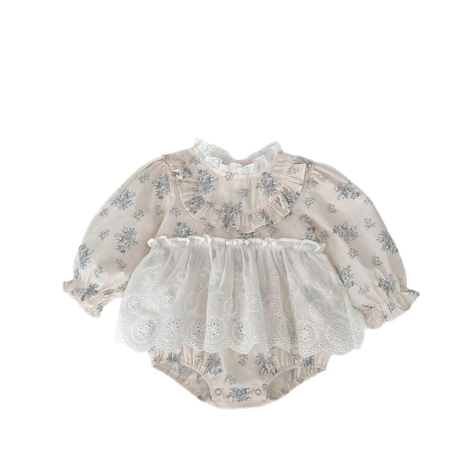 Apricot cotton baby bodysuit jumpsuit with sweet cutout lace print, triangle pullover style suitable for 66cm to 100cm height