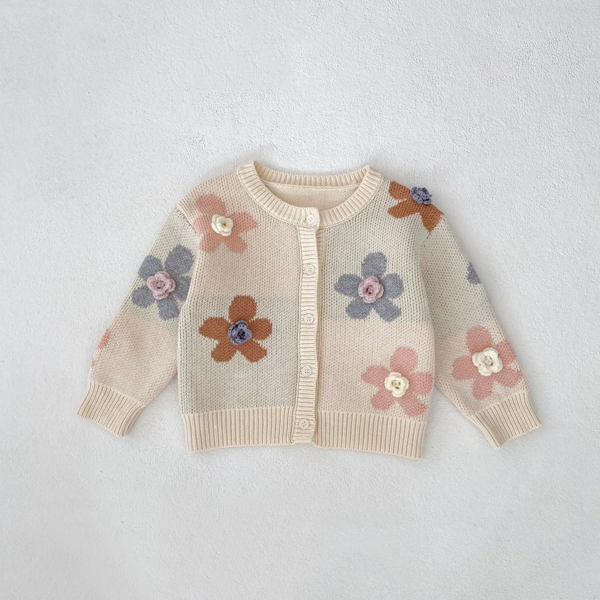 Hand crocheted flower jacquard round neck cardigan knitted coat for babies in milky white cotton fabric