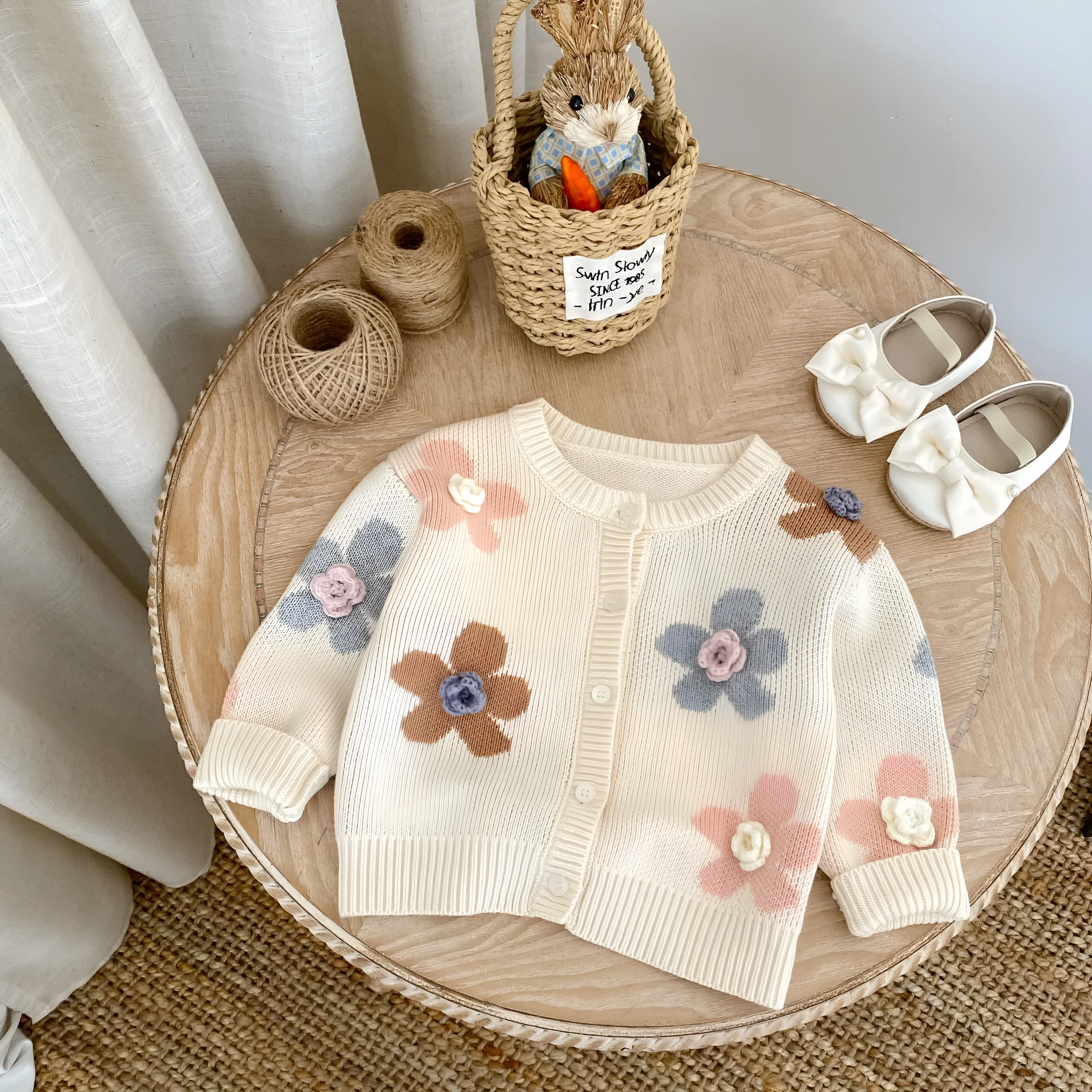 Hand crocheted flower jacquard round neck cardigan knitted coat for babies in milky white cotton fabric