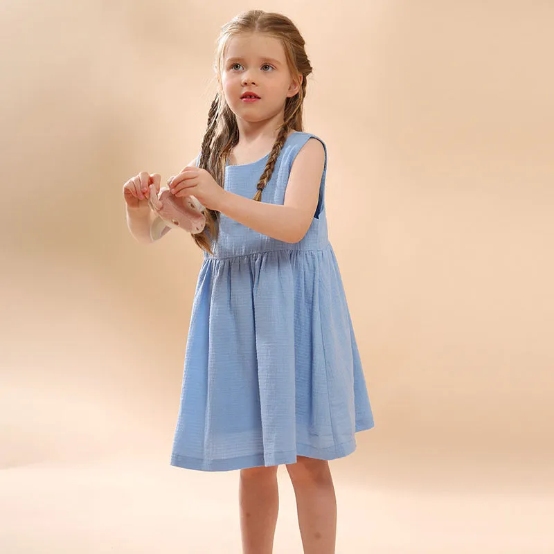 Girls cotton sleeveless dress solid colour princess style blue white 90-130cm