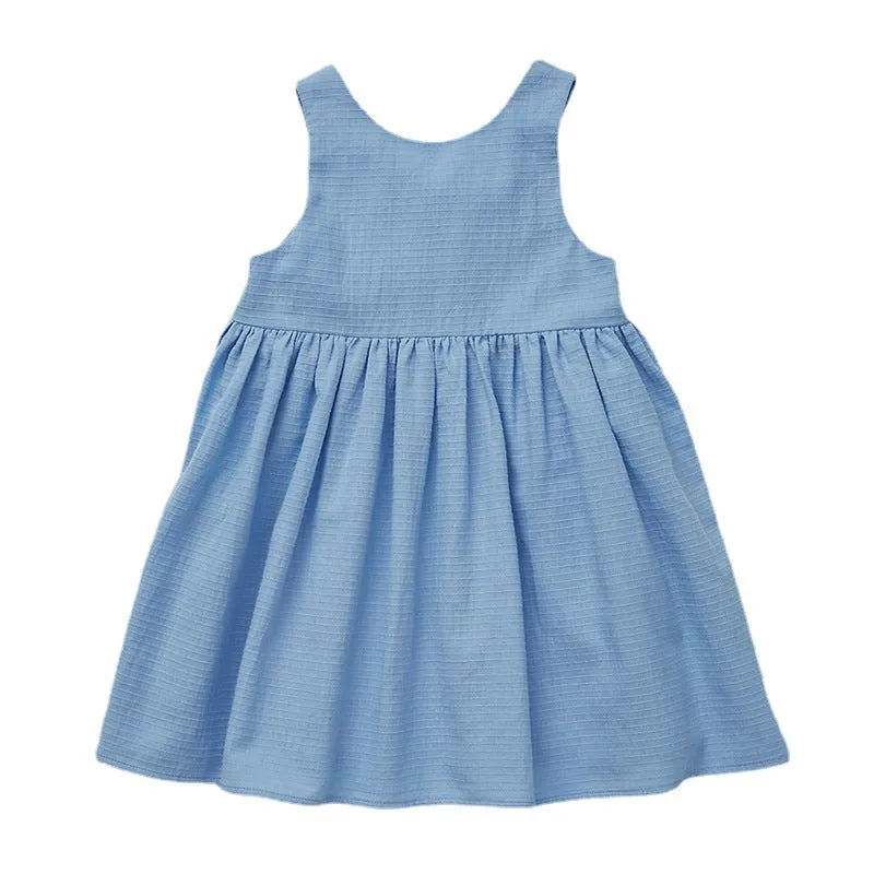 Girls cotton sleeveless dress solid colour princess style blue white 90-130cm