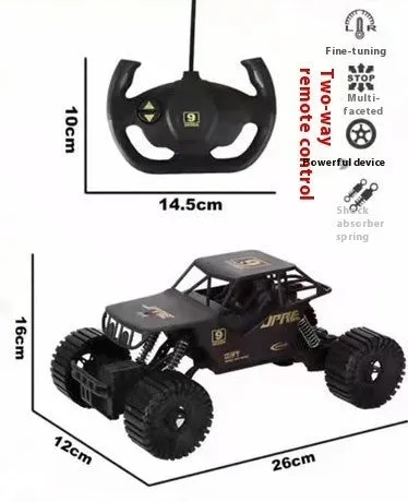 Super large black remote control off-road toy car with four-wheel drive and spring rod design on outdoor ground