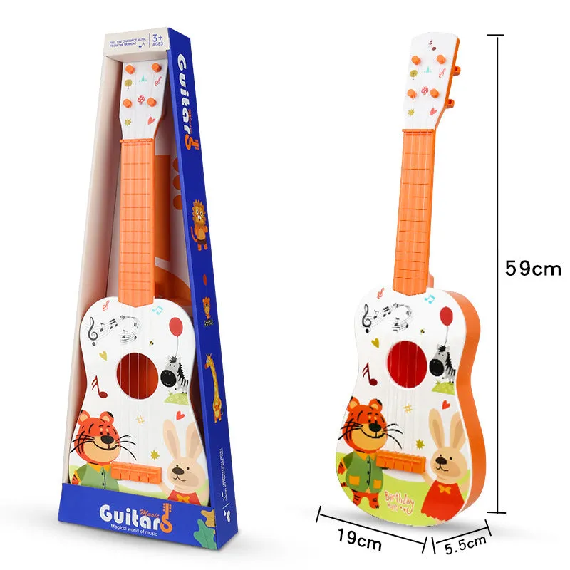 Children's plastic ukulele toy in animal designs, small size, on white background