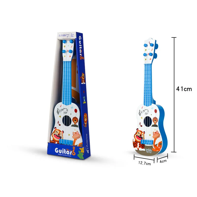 Children's plastic ukulele toy in animal designs, small size, on white background
