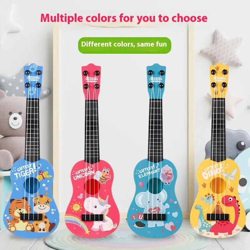 Children's plastic ukulele toy in animal designs, small size, on white background