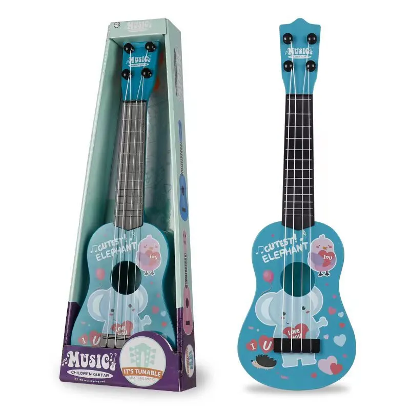 Children's plastic ukulele toy in animal designs, small size, on white background