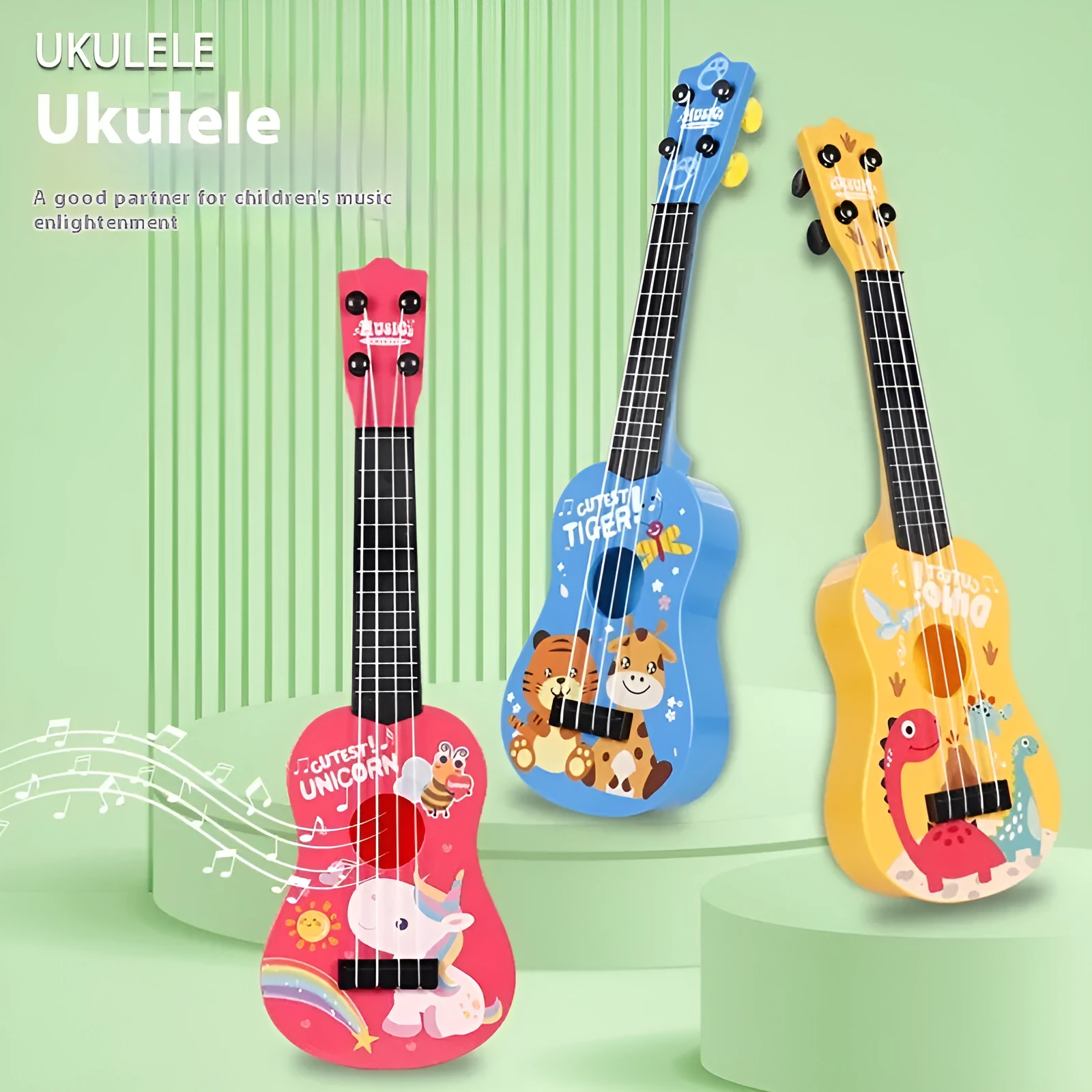 Children's plastic ukulele toy in animal designs, small size, on white background