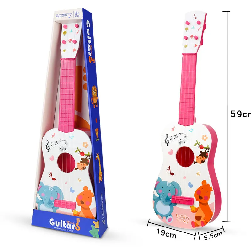Children's plastic ukulele toy in animal designs, small size, on white background