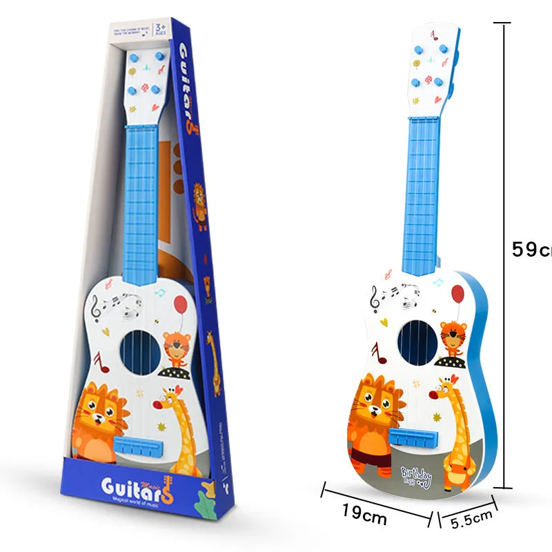 Children's plastic ukulele toy in animal designs, small size, on white background