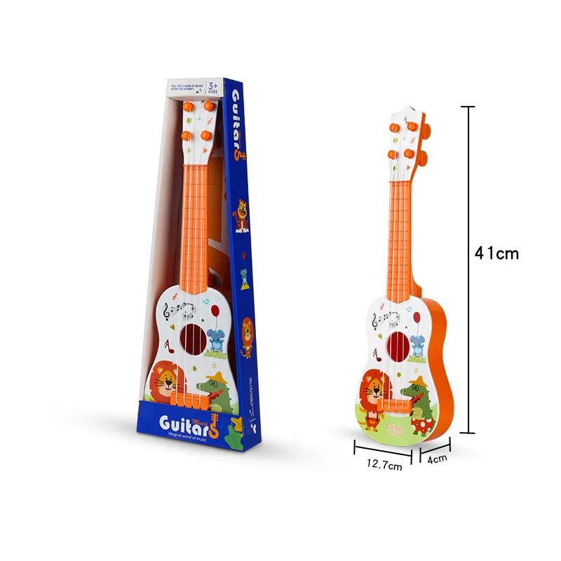 Children's plastic ukulele toy in animal designs, small size, on white background