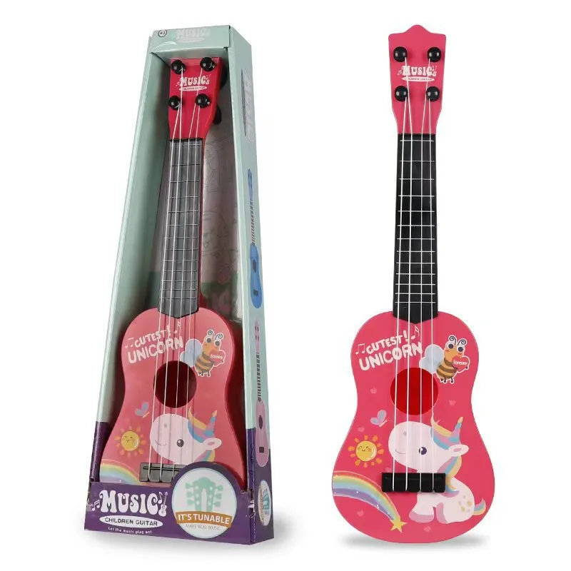 Children's plastic ukulele toy in animal designs, small size, on white background