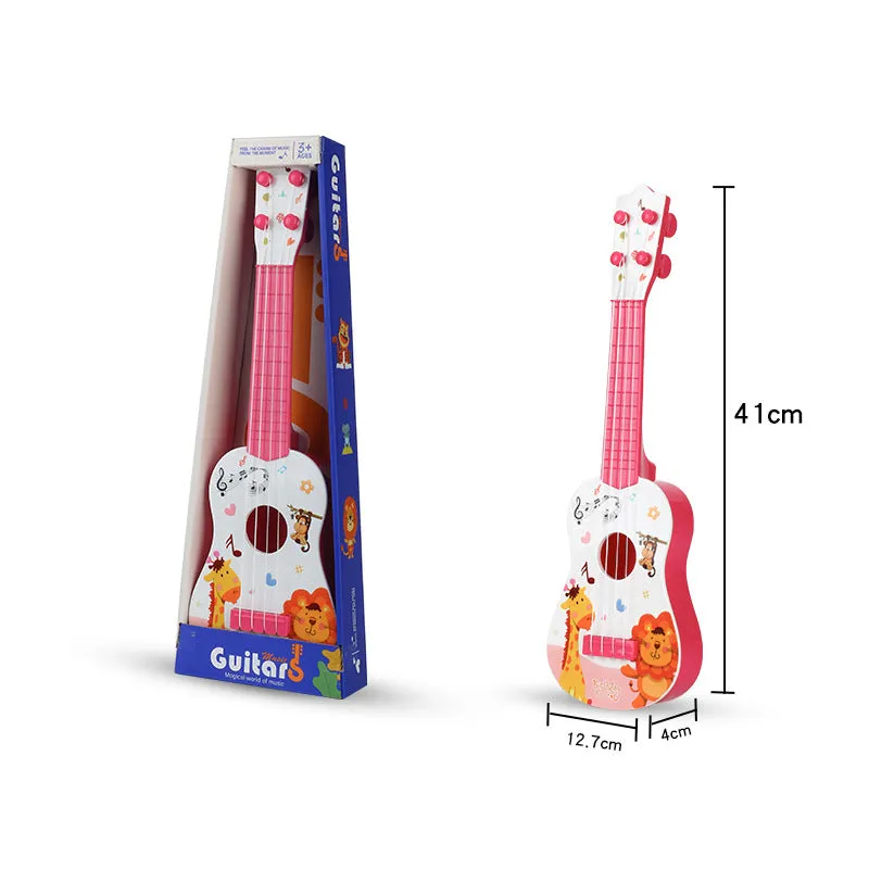 Children's plastic ukulele toy in animal designs, small size, on white background
