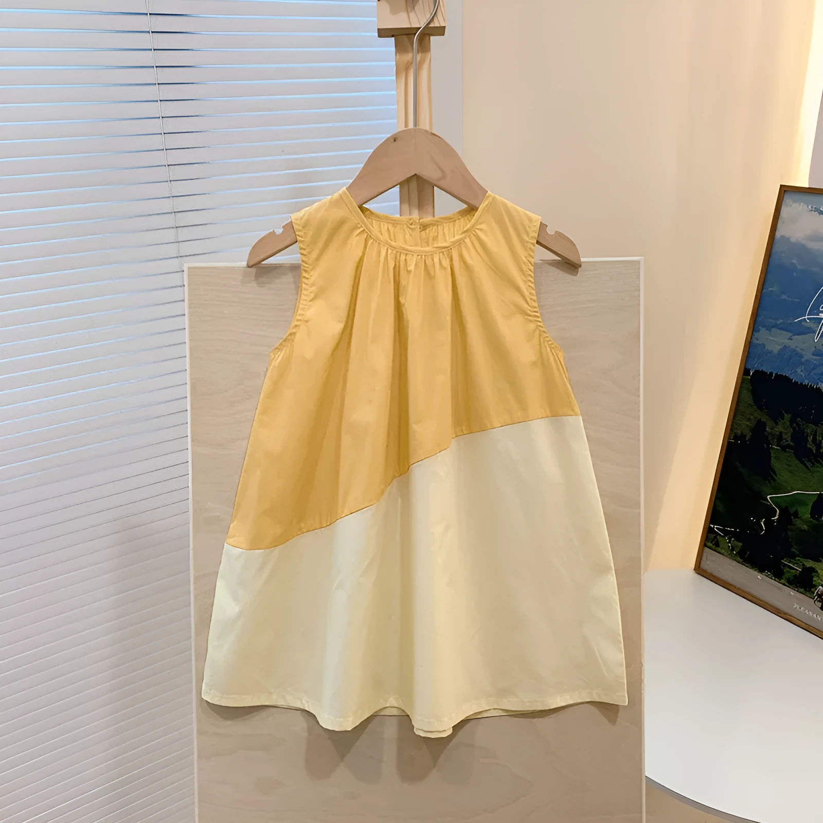 Girls cotton sleeveless suspender dress colour matching, available in cream yellow, pink, hibiscus purple, tail green, sizes 80-150cm
