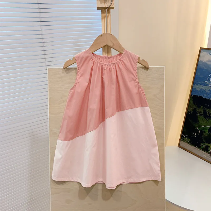 Girls cotton sleeveless suspender dress colour matching, available in cream yellow, pink, hibiscus purple, tail green, sizes 80-150cm