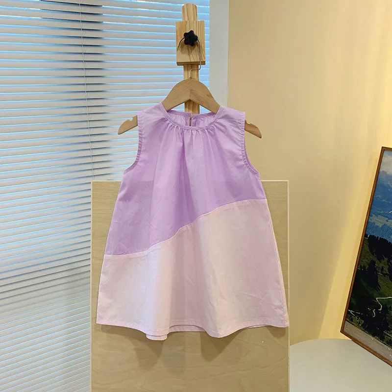 Girls cotton sleeveless suspender dress colour matching, available in cream yellow, pink, hibiscus purple, tail green, sizes 80-150cm