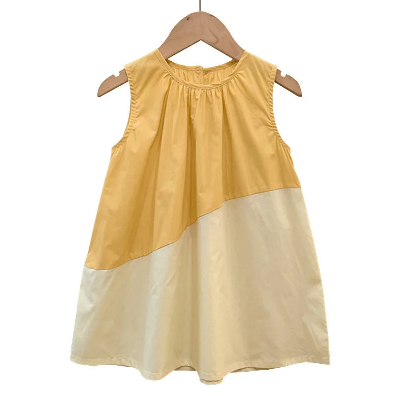 Girls cotton sleeveless suspender dress colour matching, available in cream yellow, pink, hibiscus purple, tail green, sizes 80-150cm