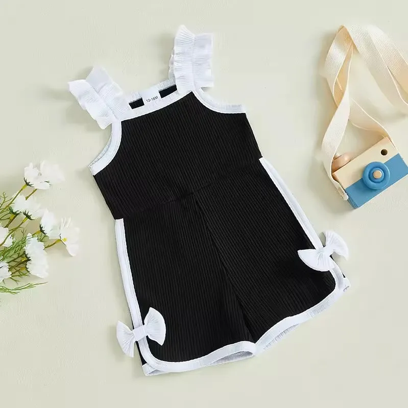 Baby girls cotton flounced sleeve bowknot suspenders jumpsuit in candy colours, pullover style