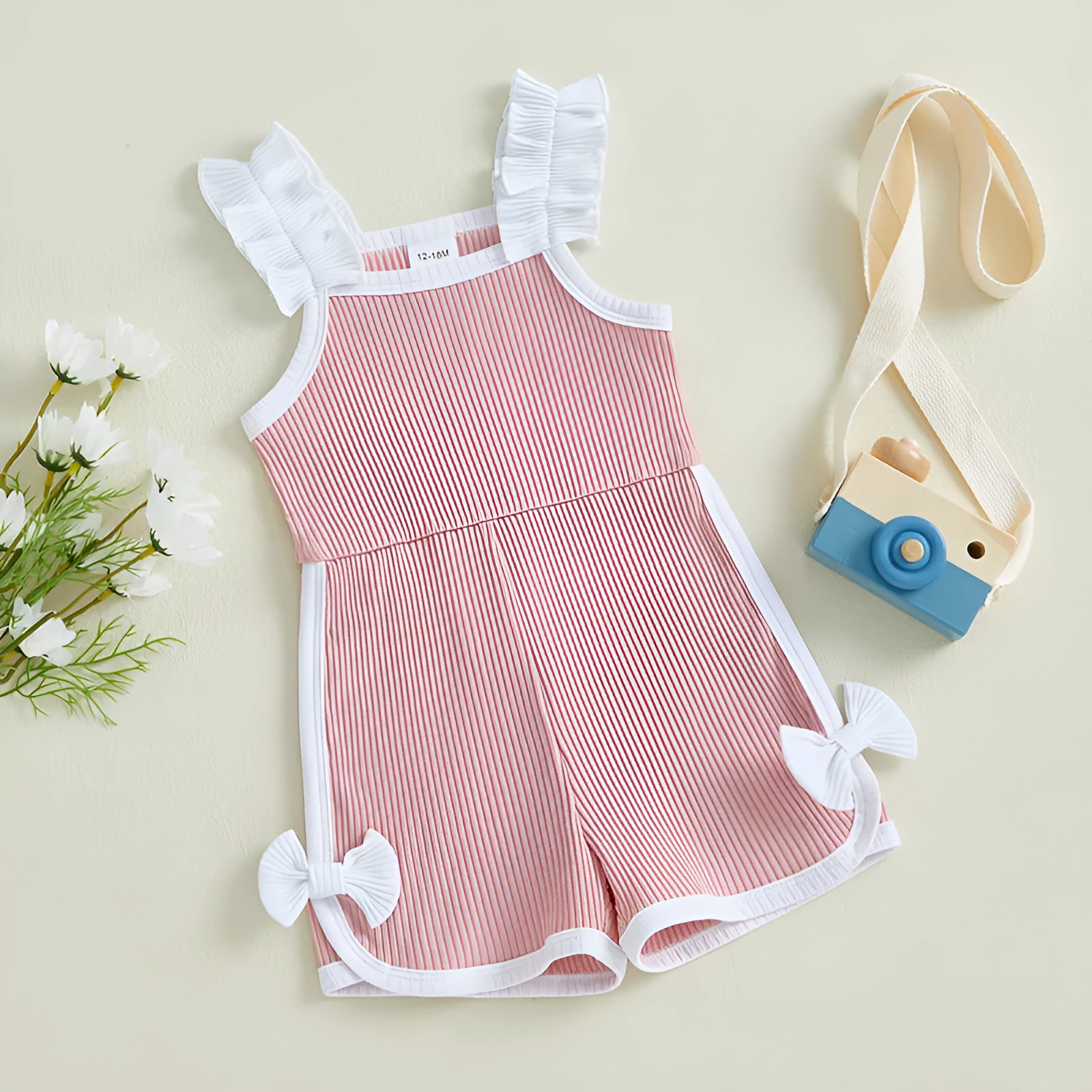 Baby girls cotton flounced sleeve bowknot suspenders jumpsuit in candy colours, pullover style