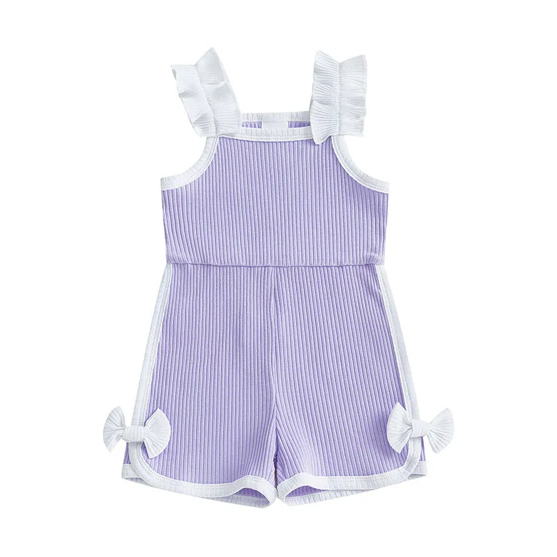 Baby girls cotton flounced sleeve bowknot suspenders jumpsuit in candy colours, pullover style