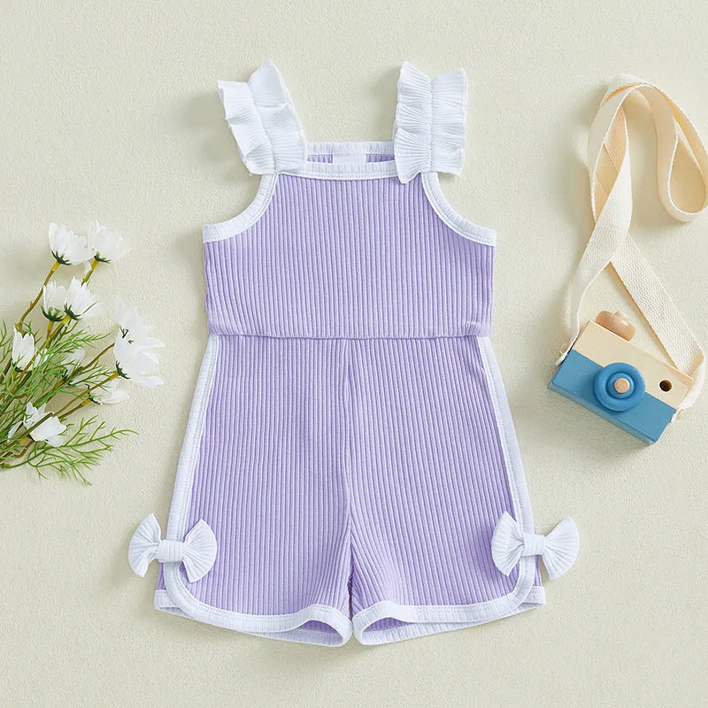 Baby girls cotton flounced sleeve bowknot suspenders jumpsuit in candy colours, pullover style