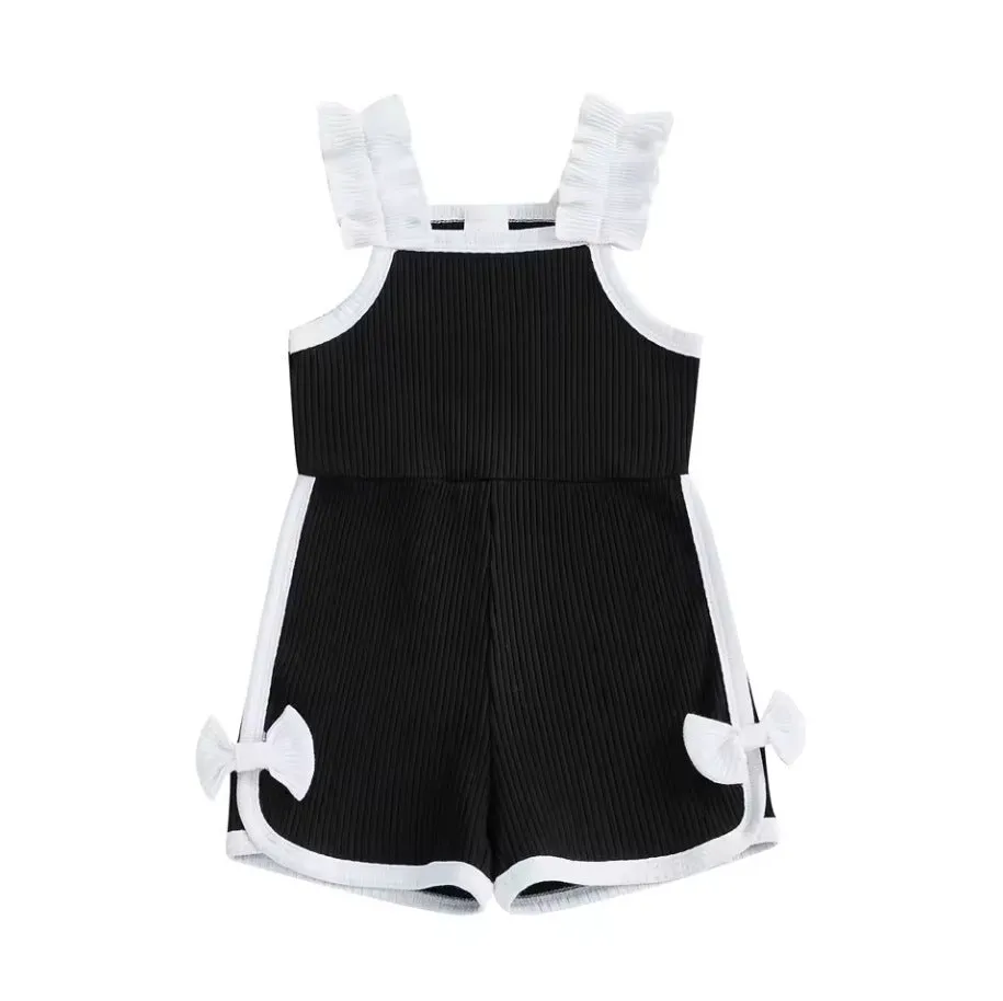 Baby girls cotton flounced sleeve bowknot suspenders jumpsuit in candy colours, pullover style