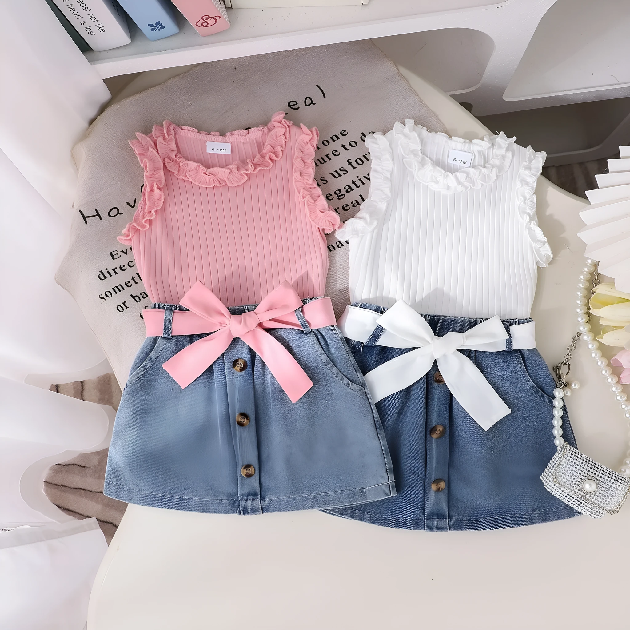 Girls cotton skirt suit three-piece set in solid colour pink with matching belt