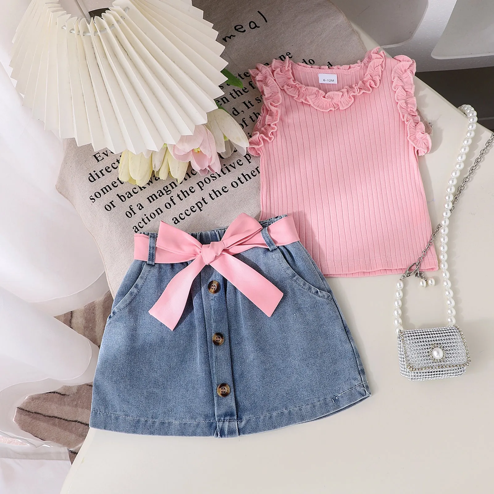 Girls cotton skirt suit three-piece set in solid colour pink with matching belt