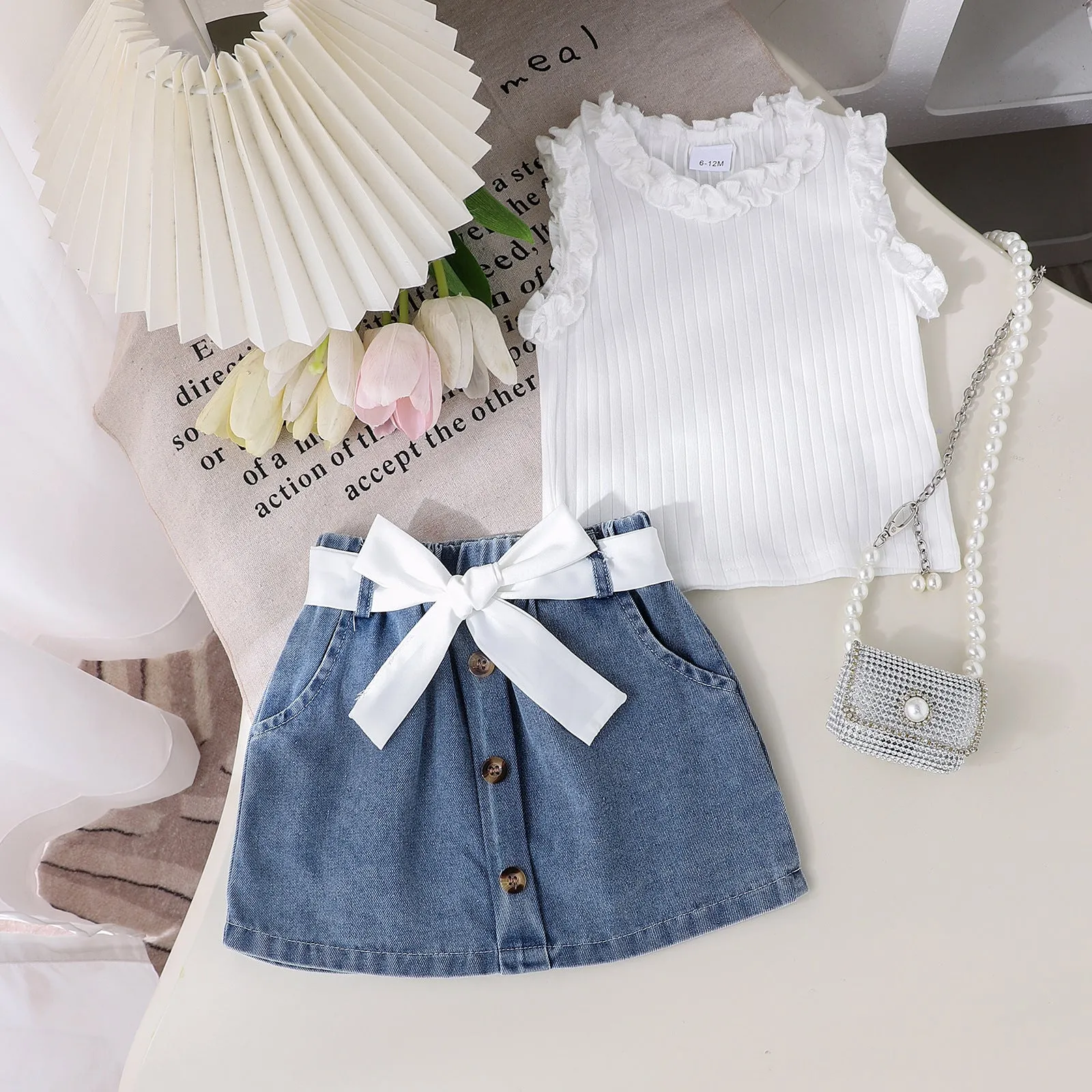 Girls cotton skirt suit three-piece set in solid colour pink with matching belt