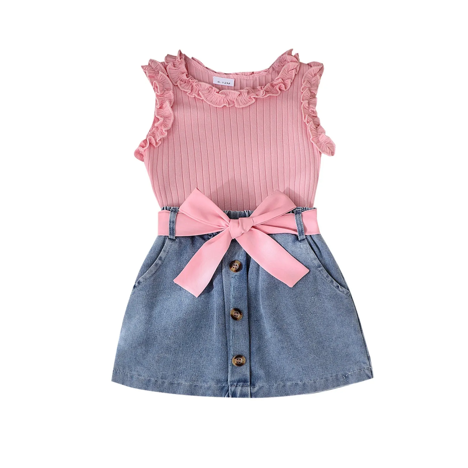Girls cotton skirt suit three-piece set in solid colour pink with matching belt