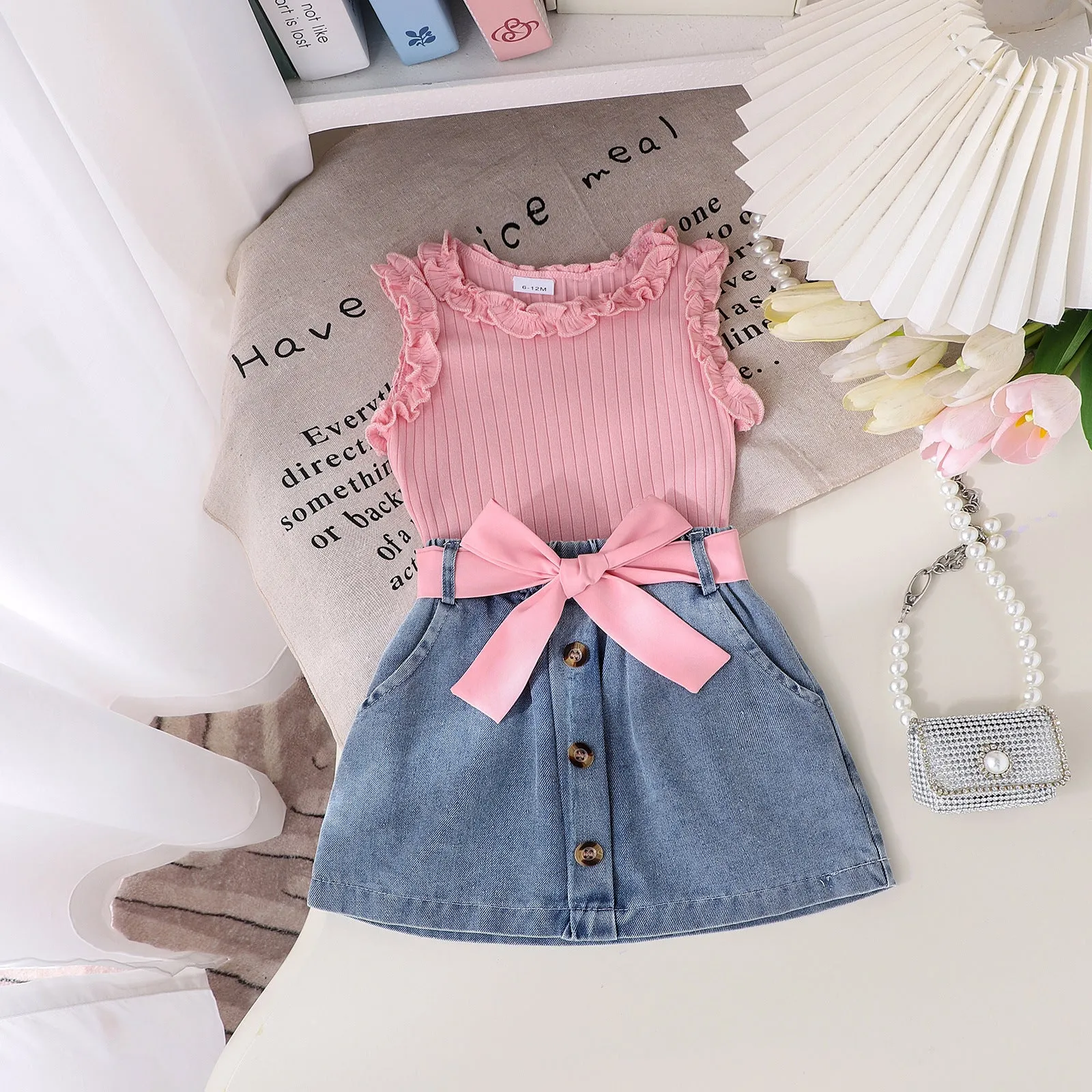 Girls cotton skirt suit three-piece set in solid colour pink with matching belt