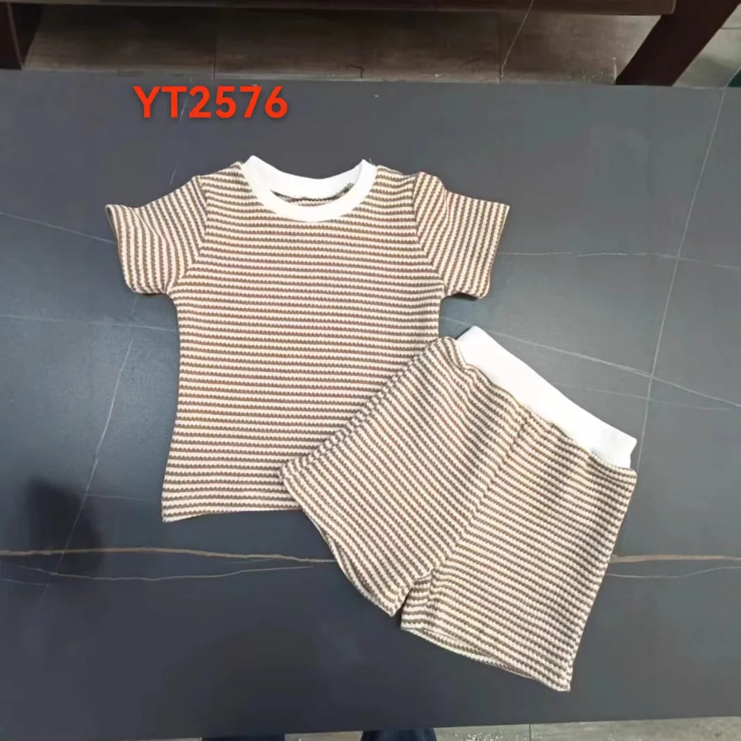 Baby and infant cotton striped short sleeve top and shorts suit in blue, green, and khaki colour options