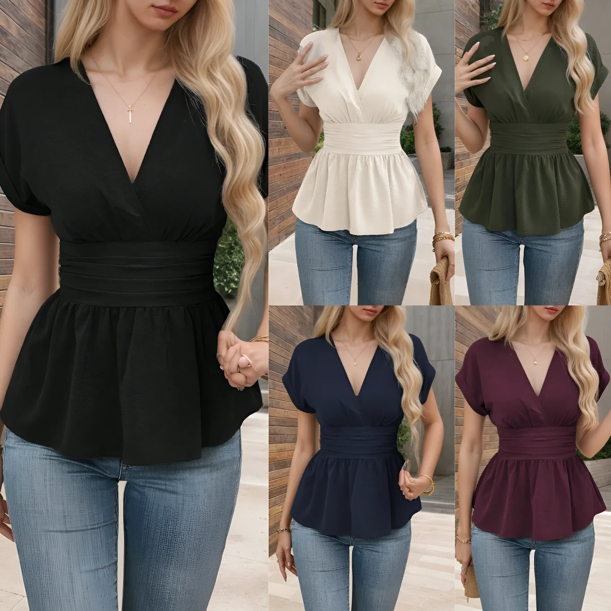 Women's V-neck polyester top with waist pleating in five colour options