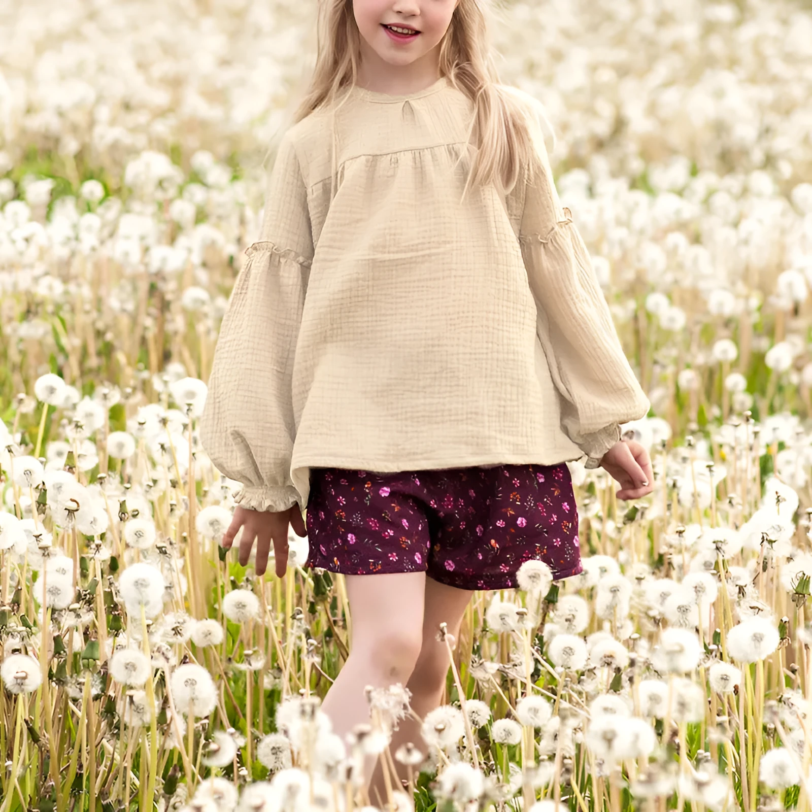Cotton round neck doll shirt in apricot with retro chest pleating and bishop sleeves