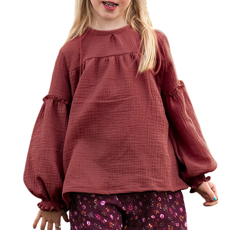 Cotton round neck doll shirt in apricot with retro chest pleating and bishop sleeves