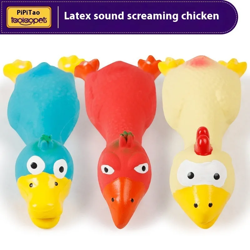 Red latex duck pet sound toy on white background, approximately 15cm long