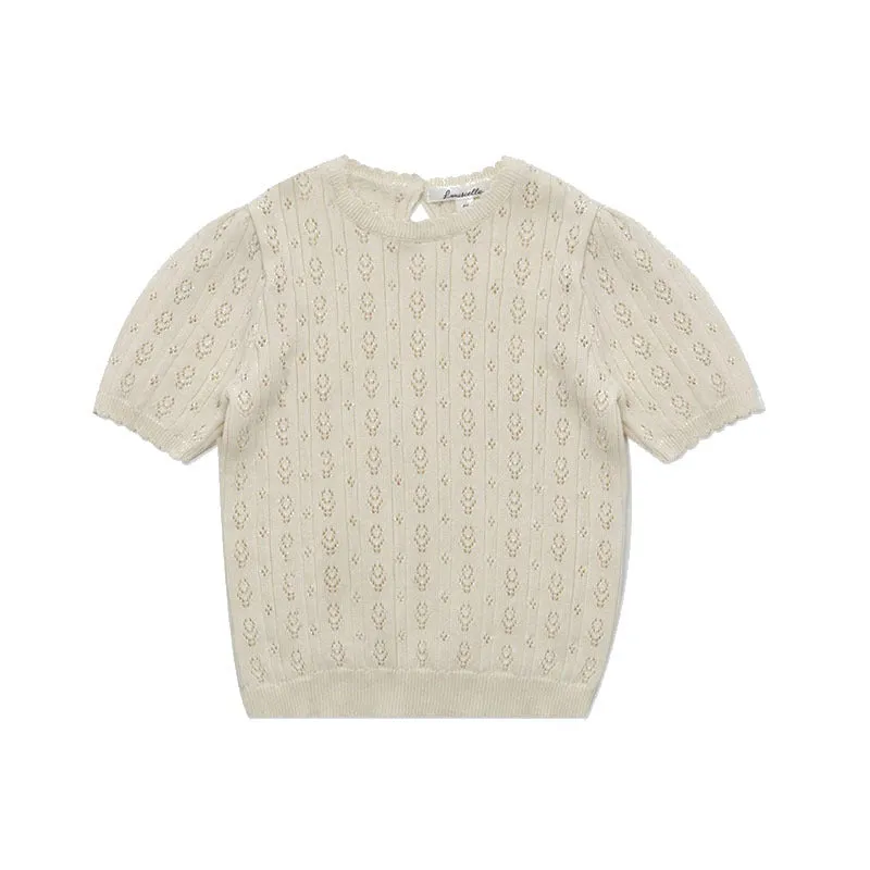 Girls' beige cotton short-sleeved knitted top and checkered shorts suit two-piece set on white background