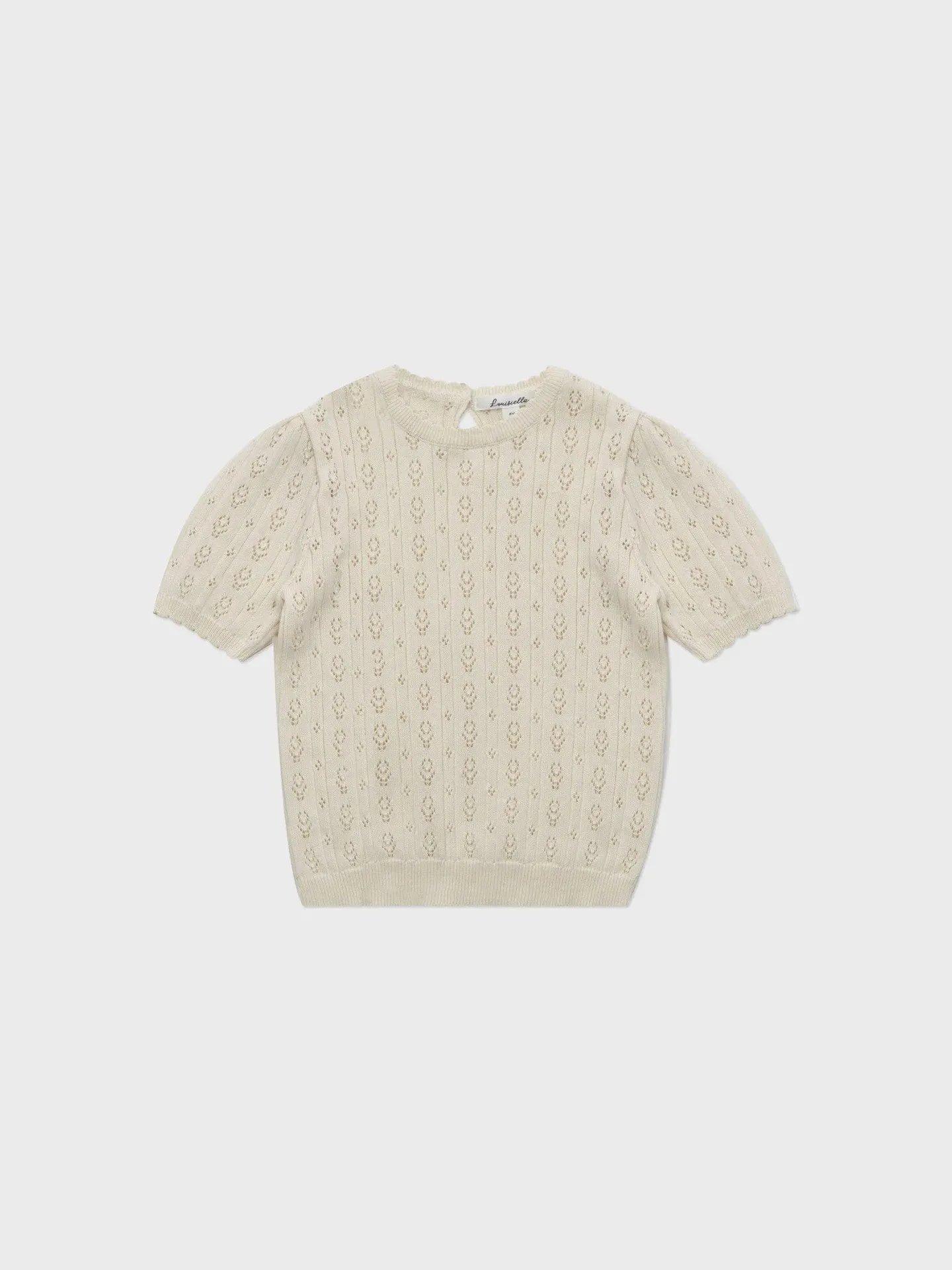 Girls' beige cotton short-sleeved knitted top and checkered shorts suit two-piece set on white background