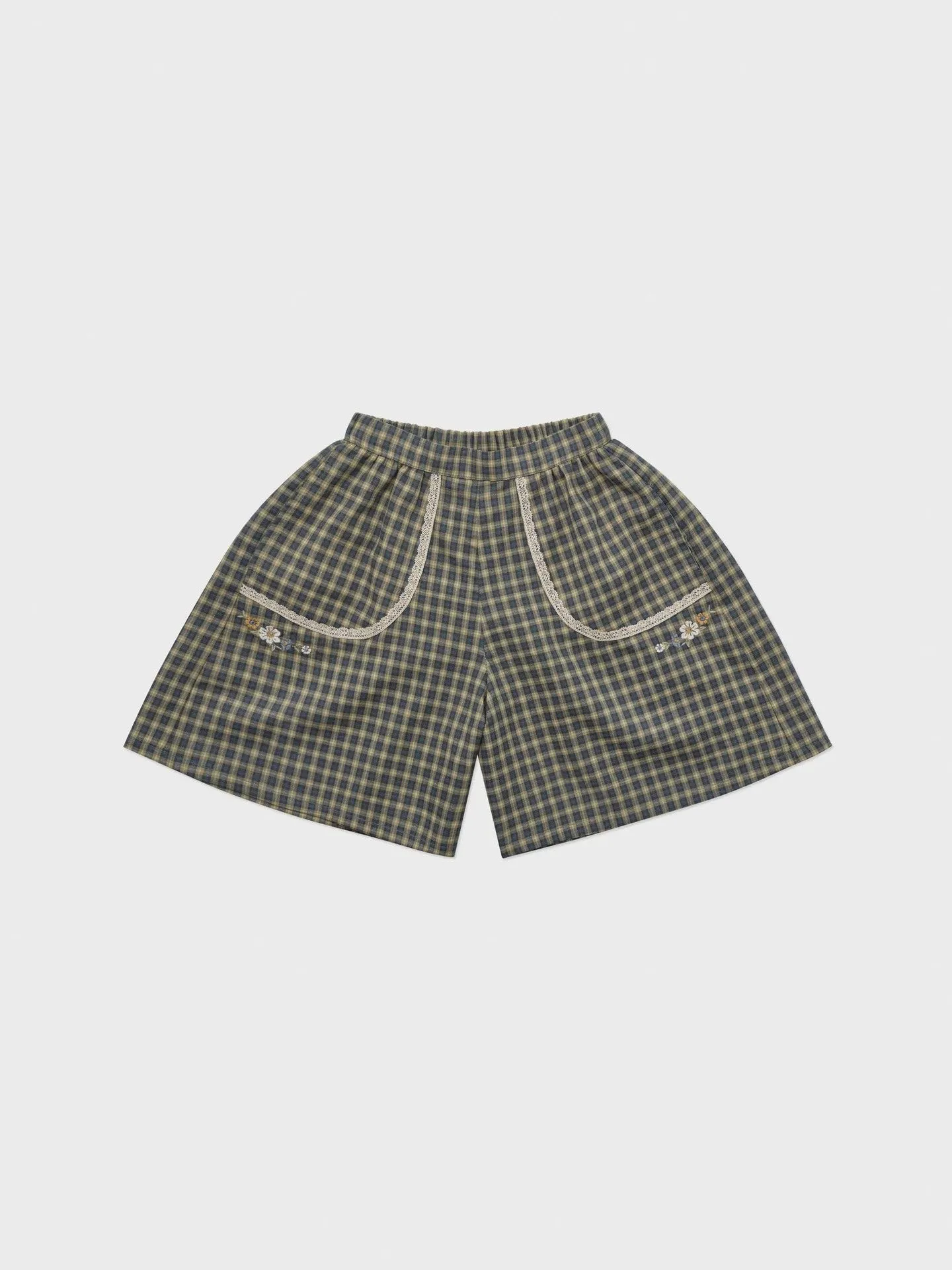 Girls' beige cotton short-sleeved knitted top and checkered shorts suit two-piece set on white background
