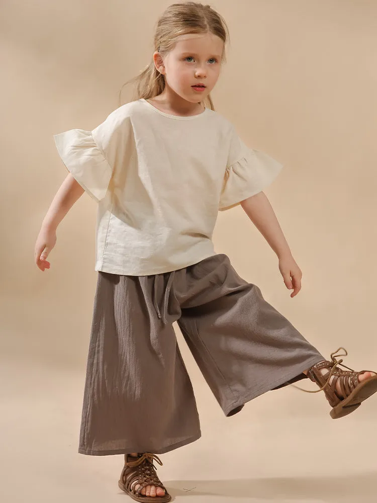 Retro high waist wide leg cropped gray cotton pants for girls