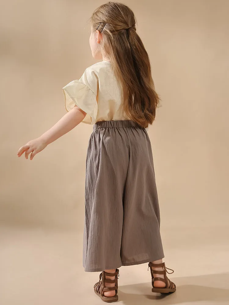 Retro high waist wide leg cropped gray cotton pants for girls