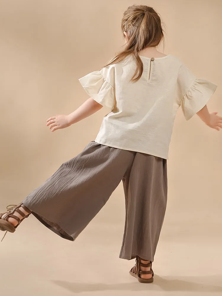 Retro high waist wide leg cropped gray cotton pants for girls
